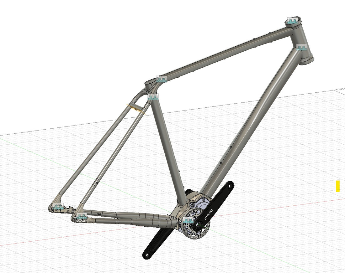 CAD-Modell des Masterpiece Custom 32 Titan-Gravelrahmens mit montiertem Pinion-Getriebe und Kurbeln.