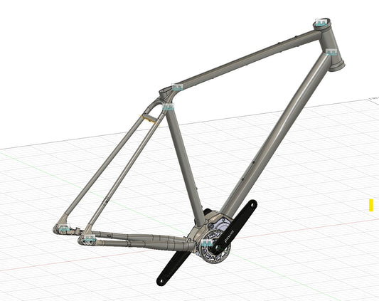 CAD-Modell des Masterpiece Custom 32 Titan-Gravelrahmens mit montiertem Pinion-Getriebe und Kurbeln.